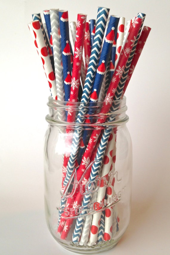 Santa Claus in the Snow Paper Party Straws, 25 ct. Kids Christmas Straws for holiday party decor, Christmas supply, red blue straw decor