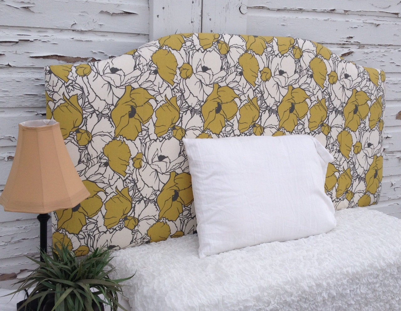 Queen Charteuse Floral Upholstered Headboard