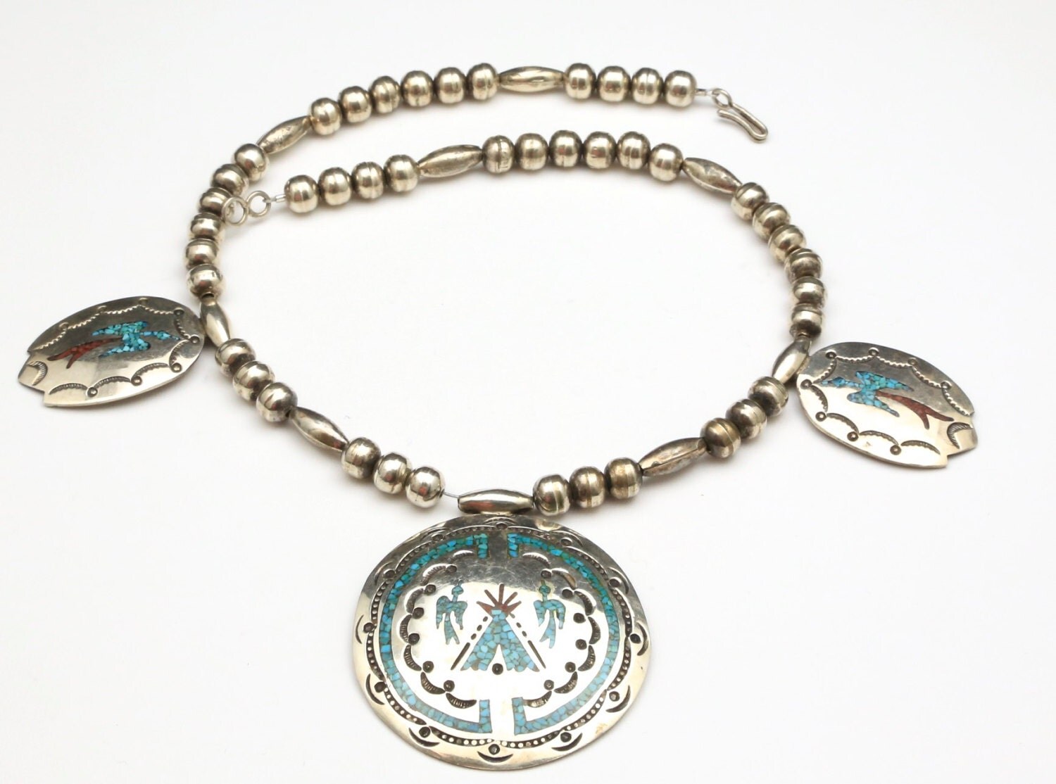 Vintage Zuni Inlay Necklace Sterling Silver Turquoise Coral