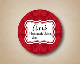 Red Homemade Salsa Mason Jar Labels Custom Canning Labels Stickers for Mason Jar Lid Red Damask Canning Stickers Gifts for the cook