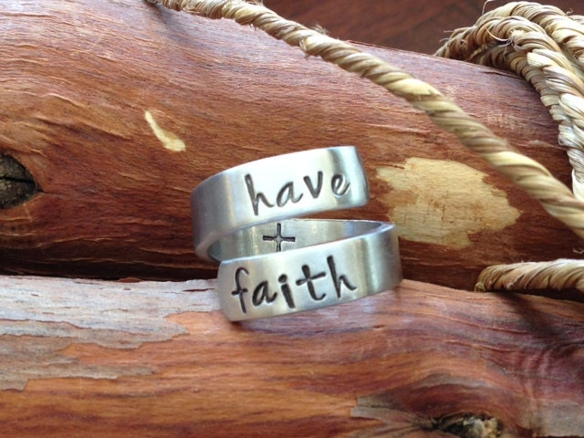 Mantra Ring "Have Faith" Wrap Ring with Hidden Cross, Religious Ring, Wedding Ring, Faith Ring, Customized Ring, Hand Stamped Faith Ring