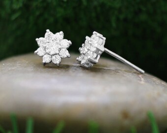 8x8MM Diamond Cluster Halo Stud Earrings | Prong Setting | Solid 14K Gold | Floral Earrings | Fine Jewelry | Free Shipping