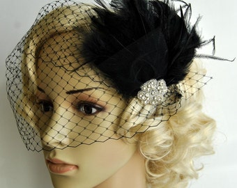 Veil and fascinator Downton Abbey 1920's flapper headpiece- black, The Great Gatsby, birdcage veil set, Feather fasciantor