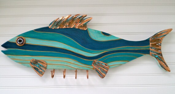 Handmade Aqua Wooden Fish with Copper Fins and hooks