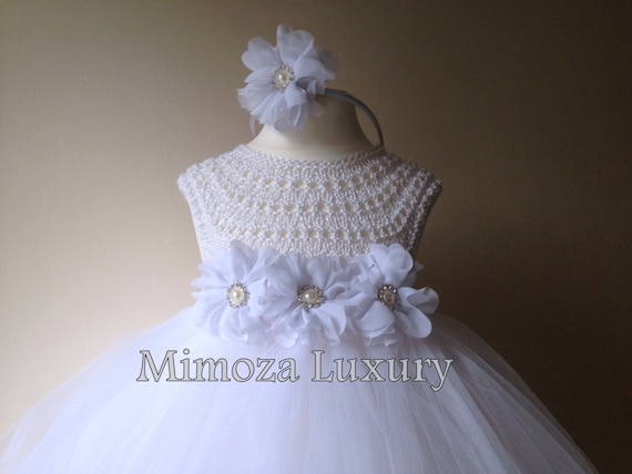 Baptism tutu dress, Christening tutu dress, White Flower girl dress, tutu dress, bridesmaid dress, princess dress, crochet top tulle dress