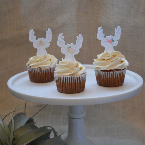 12 Deer cupcake topper with flower, Edible Antler, Antler ...