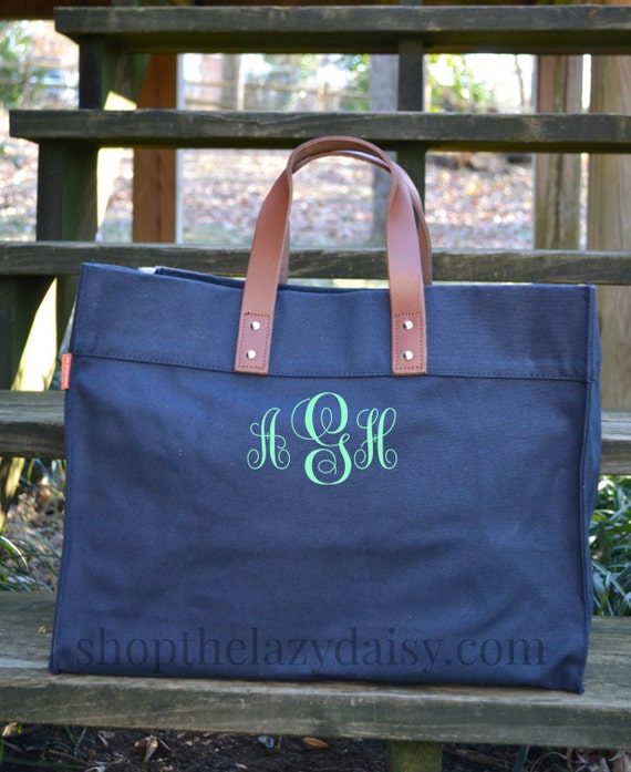 Items similar to Monogrammed Personalized Navy Canvas Tote with Leather Handles, Monogram Canvas ...