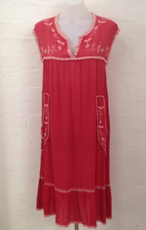 Coral cotton boho peasant dress embroidered hippy festival