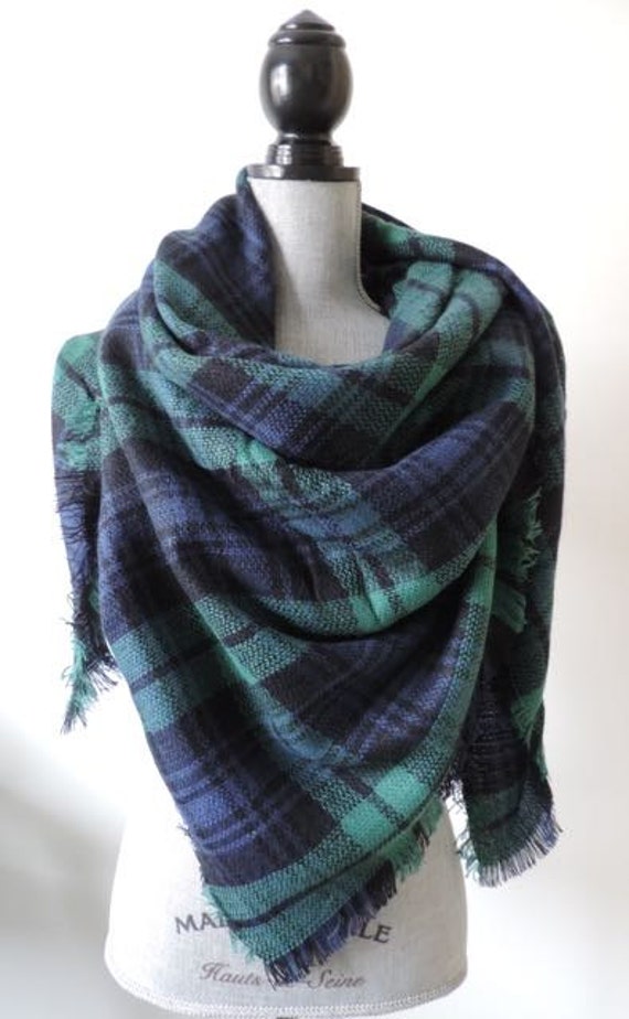 Navy and Green Blanket Scarf Blue and Green Plaid Scarf Blue