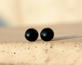 Black glass stud earrings, post earrings, black post, black studs, black tiny stud earrings