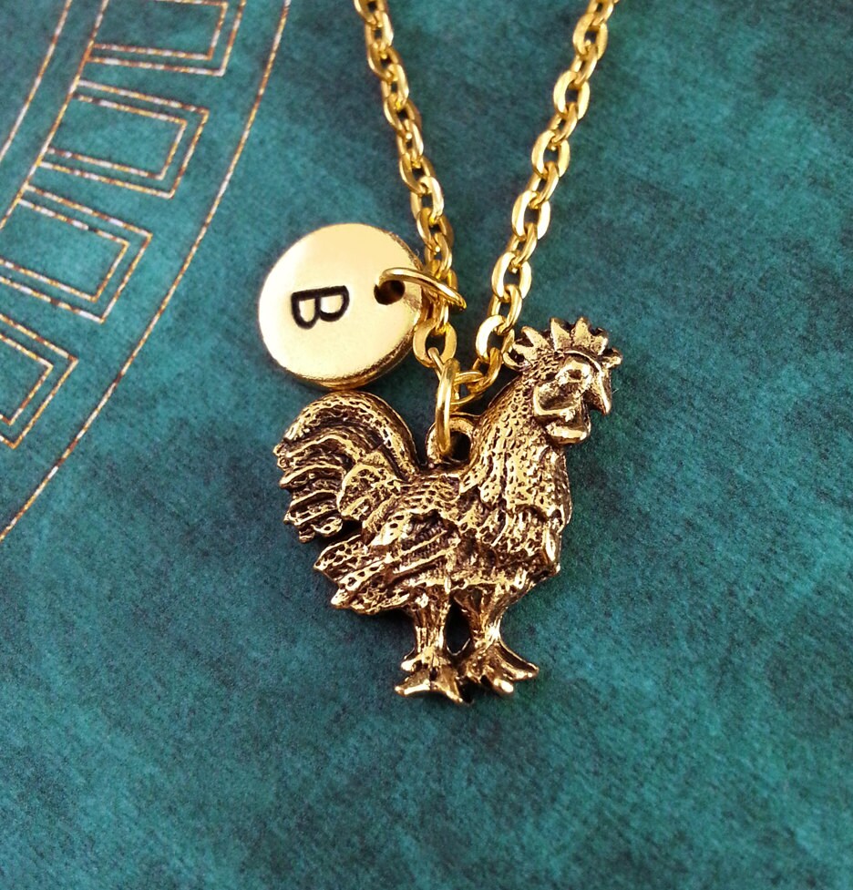 Gold Rooster Necklace Rooster Charm Hand Stamped by MetalSpeak