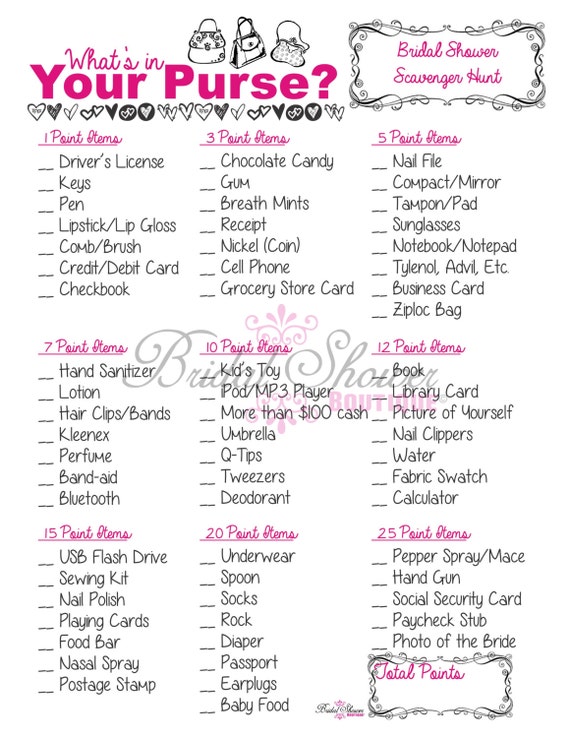 What's in Your Purse Bridal Shower Game PINK Fun