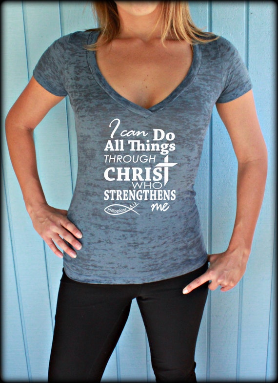 Christian Womens Workout V Neck T Shirt. I Can by BraveAngelShop