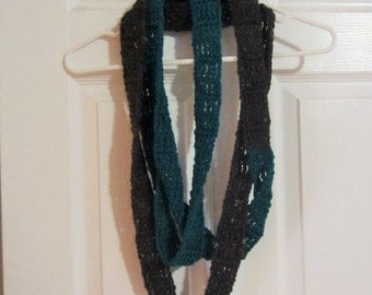 Teal and Charcoal Tweed Super Long Skinny Infinity Scarf
