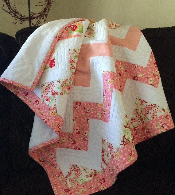 Baby Girl Quilt Pink & Peach Chevron Quilt Coral
