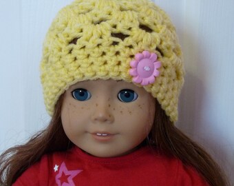 Light Yellow 18" Doll Hat with Pink Flower