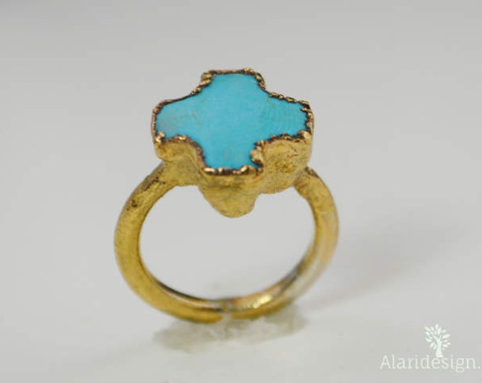 Turquoise Cross Gold Ring, Gemstone Cross, Christian Ring, Cross Jewelry, Gemstone Cross Ring, Cross Ring, Electroformed Ring
