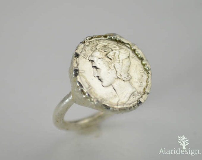 Genuine Mercury Dime Coin Ring, Silver Coin Ring, Coin Ring, Dime Ring, Silver Dime Ring, Coin Jewelry, Electroformed Silver, Statement Ring