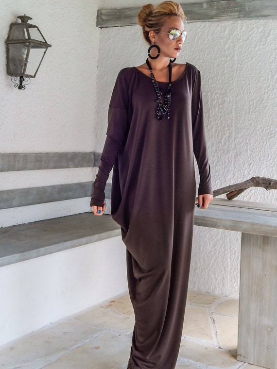 Brown Maxi Long Sleeve Dress / Brown Kaftan / Asymmetric Plus