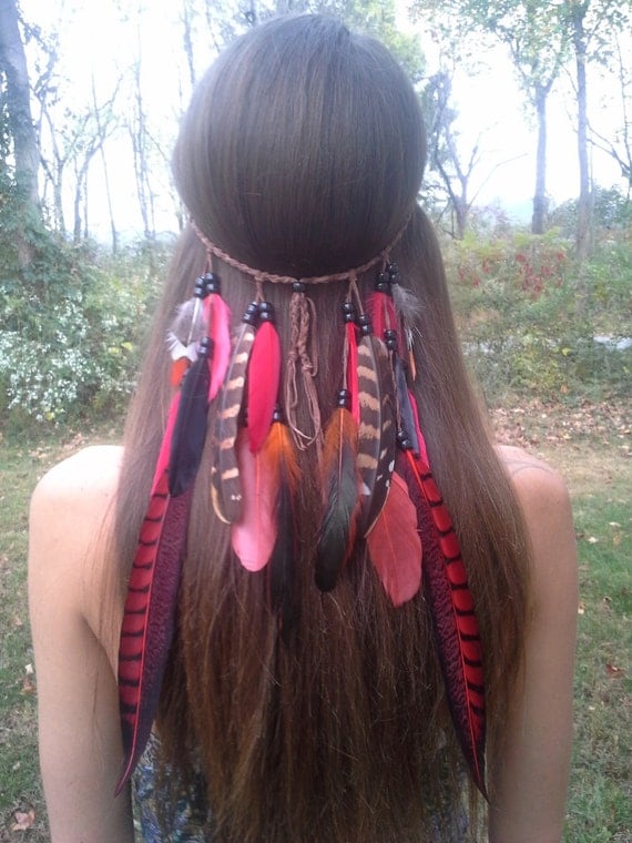 RED Phoenix Warrior Feather headband native by dieselboutique