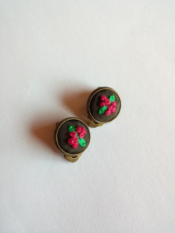 Floral Clip Earrings Post Earring Clip On by RedWorkStitches