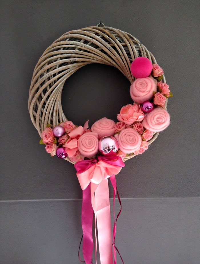 Christmas Wreath with Christmas Balls, Pink Felt and Faux Rose Wicker Wreath with Pink Bow