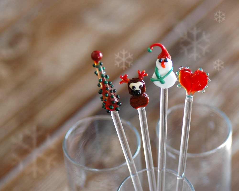 Christmas Swizzle Stick, Stocking Stuffers, Christmas Gift, Christmas Lampwork, Home Decor, Handmade- Ooak (set of 4)