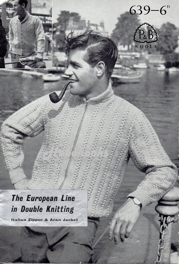 Mens Knitting Pattern 1950s Mens Zipper Jacket Button by ...