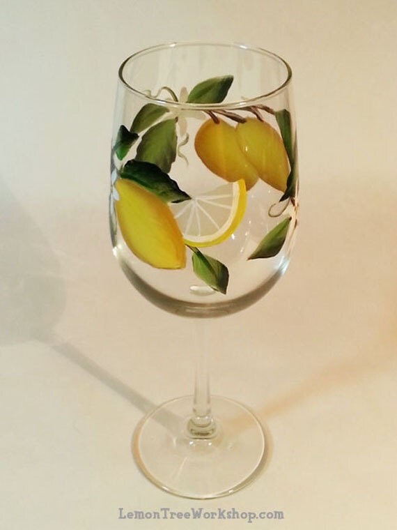 Hand Painted Lemon Wine Glass 18.5 oz by on Etsy