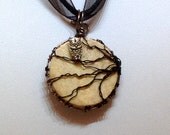 Owl Pendant  in  Black Wire Wrap on Fossilized Coral for Halloween, Owl Necklace