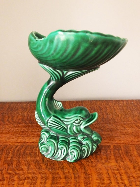 Vintage green Dartmouth pottery fish dolphin lustre shell soap