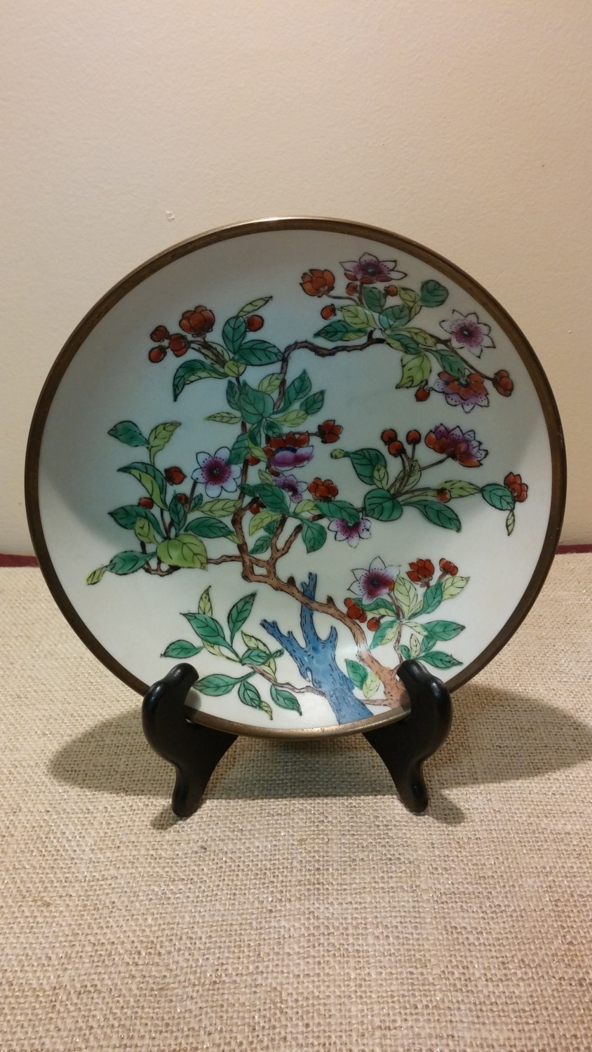 Hand Painted Hong Kong Porcelain Plate with Brass Back