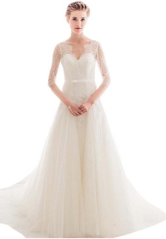 3/4 Sleeves Lace Wedding Dress with Train
