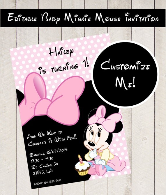 Editable BABY MINNIE MOUSE party invitation personalized