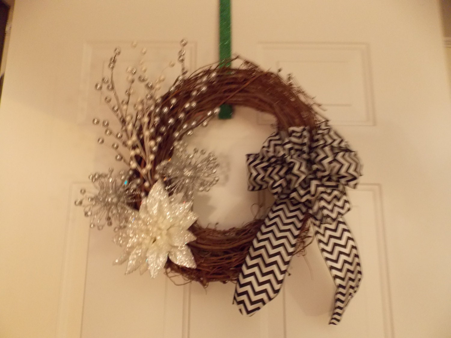 14" Grapevine Wreath with black chevron bow and silver/white accents