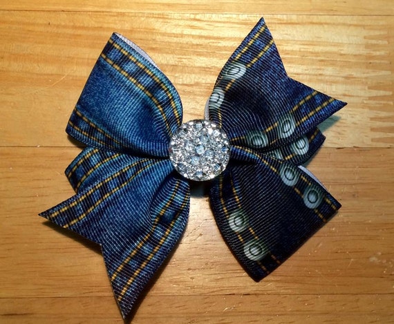 Denim Pinwheel Hair Bow - 4" Boutique Bow with Bling Rhinestone Center on Clip - Blue Jeans, Jeans, Denim