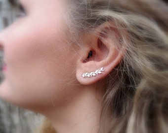 Long Leaf Earrings Sterling Silver Ear Climber earring or Ear Cuff Sweep Earrings Handmade