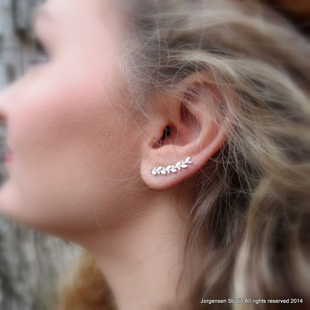 Ear Cuff Long Leaf Ear climbers Sterling Silver by