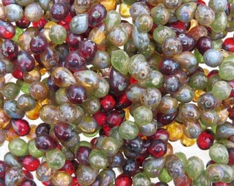 7x5mm Transparent Rainforest Picasso Mix Czech Glass Teardrop Beads - Qty 50 (BS120)