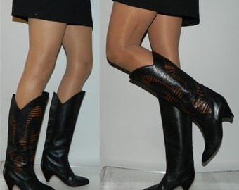 vintage 80s boots size 10 9 9.5 black leather brown leather inlay leather lining leather sole