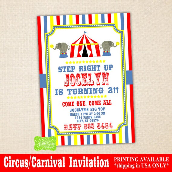 Circus Invitation - Carnival Invitation - Circus Birthday Invitation - DIGITAL and PRINTED Available Il_570xn