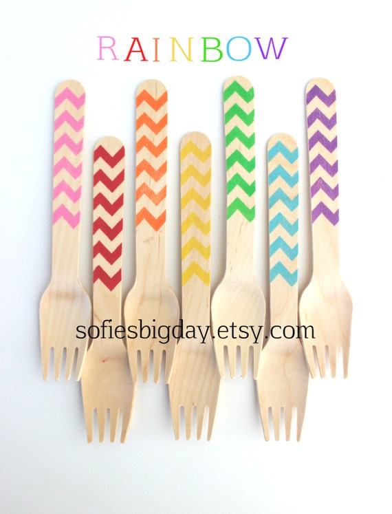 RAINBOW Chevron forks-35 rainbow birthday-rainbow decor-rainbow chevron-rainbow chevron spoons-hand stamped utensils-35 Il_570xn