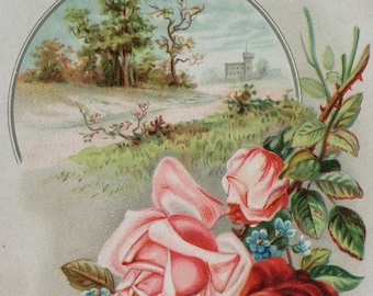 Antique Victorian Greeting Card Embossed Floral with Scenic Castle