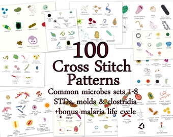 Cross Stitch Patterns -- 100 Microbes, in 10 sets of 10, each to fit in 3" embroidery hoops or frames, or for a gigantic sampler