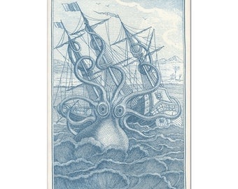 Octopus Art, Poster, Coastal Wall Art, Nautical Art, Beach Decor, Kraken, Blue Octopus Wall Art, Octopus Print in Blue, Octopus and Ship