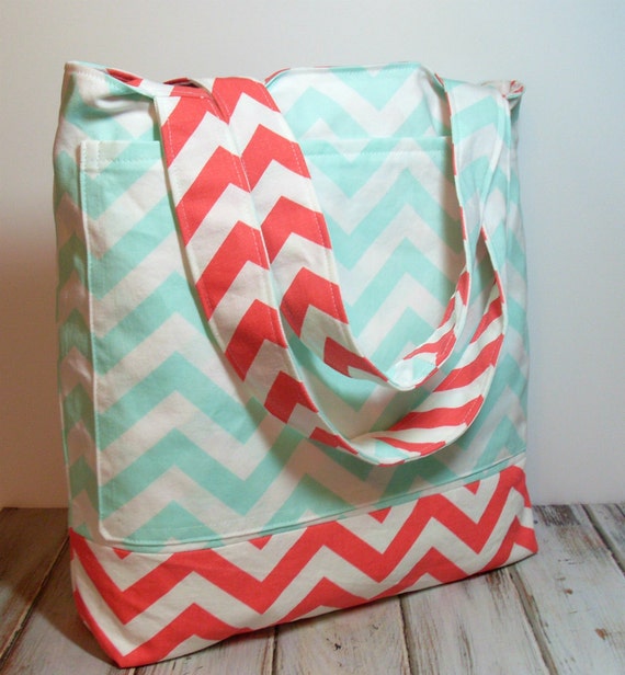 Mint and Coral Chevron Beach Bag, Bridesmaid Tote Bag