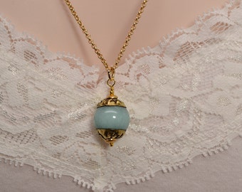 Blue Jade Necklace, Gold Necklace, Real Gemstone, Nepal Bead, Boho, Powder Blue, Light Blue Necklace Bauble Necklace Ethnic Cinderella N1326