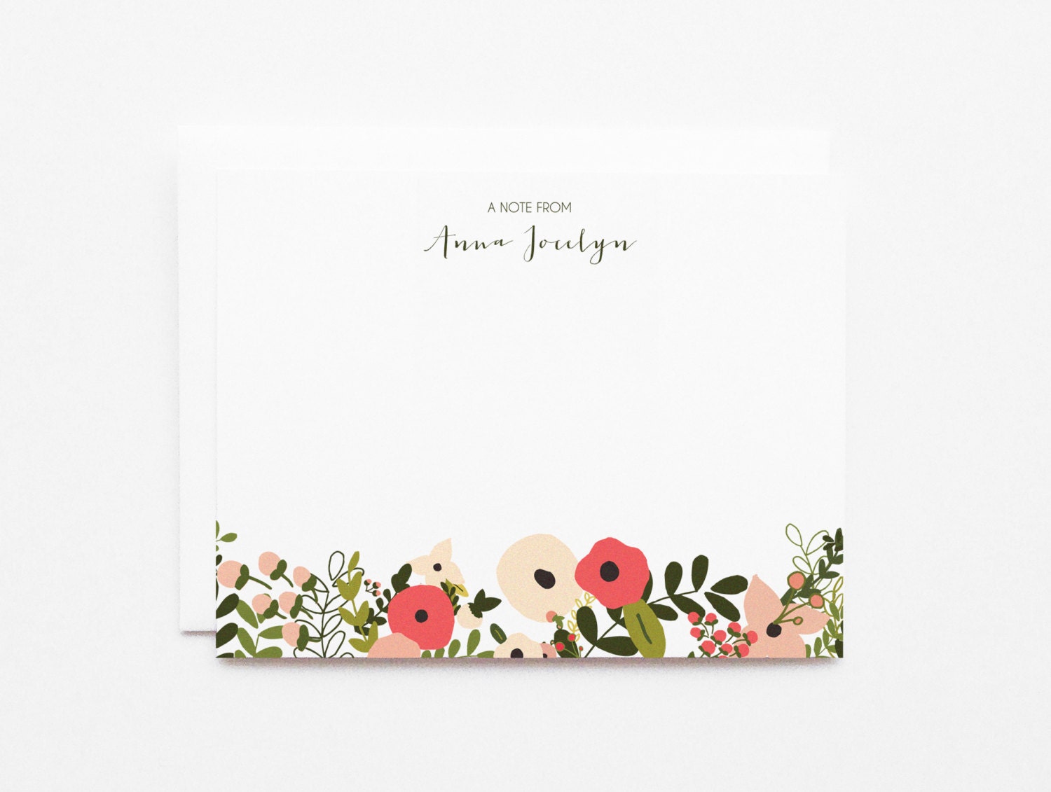 Personalized Flat Card Set of 12 Custom Floral Stationery