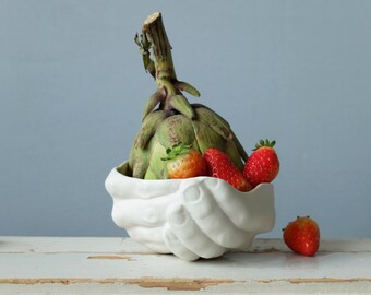 Dessert bowl, porcelain bowl, small ceramic bowl, pottery bowl, hand sculpture, hand dish, fruit bowl, white ceramic dish, thank you gift