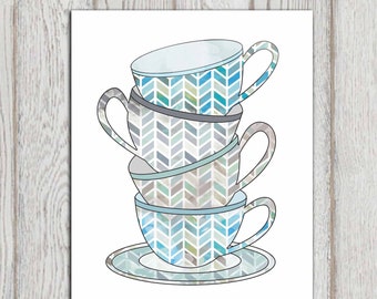 Tea cups print Blue Kitchen decor Teal gray Kitchen Wall art poster Cups stack Wall art printable Home decor 5x7, 8x10 INSTANT DOWNLOAD